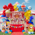 Carnival Theme Birthday Party Decorations Set - Red & Yellow Balloons, Foil Hot Air Balloons, Striped Banner, Backdrop & Signboard - Variation of THIS listing