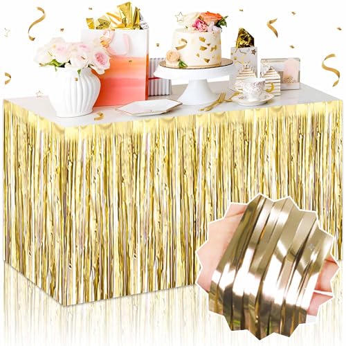 Light Gold Foil Fringe Table Skirts 3 Pack - Metallic Tinsel Streamers for Party Decorations