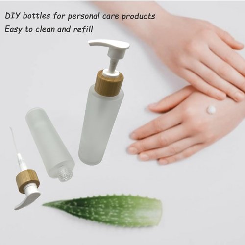 2PCS 150ML/5oz Empty Refillable Frosted Glass Pump Bottles Container Holder Vials Pot Storage with Bamboo Screw Pump Head for Bath Shower Shampoo Hair-Conditioner Cleanser Makeup Liquids