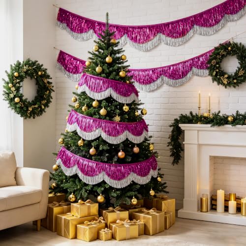 Fuchsia Silver Layered Fringe Tinsel Garland 6.6FT for Wedding Party Decorations