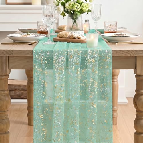 10Ft Turquoise Gauze Gold Table Runner Set - 28x120 Inch 10 pcs Glitter Decor