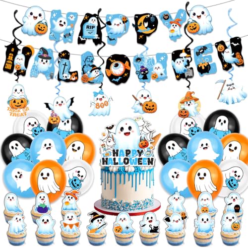 Halloween Ghost Party Decorations Set | 51-Piece Ghosts, Banner, Balloons & Cake Toppers