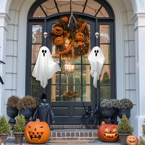 Light-Up Hanging Ghosts Halloween Decorations, 2 Pack, White