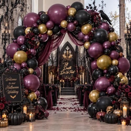 Double Stuffed Halloween Balloon Arch - Dark Purple Black & Gold Variation
