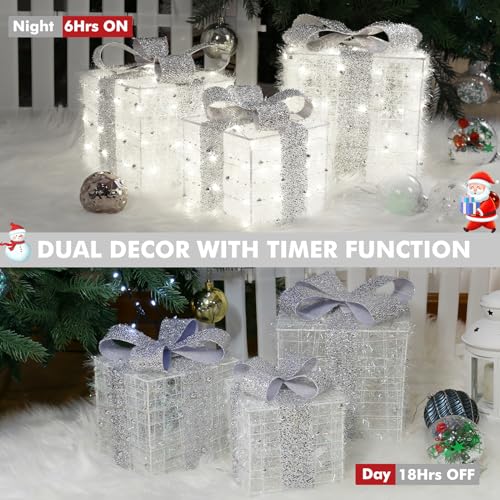 Christmas Lighted Gift Boxes Set of 3 - Silver, 140 LEDs, 8 Modes, Timer - Elegant Holiday Decor