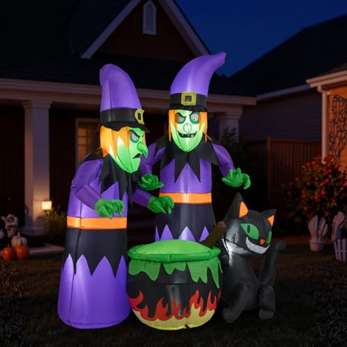 6 Ft Inflatable Halloween Witches & Black Cat Scene with LED Lights, Ground Stakes - Indoor & Outdoor Yard Decor