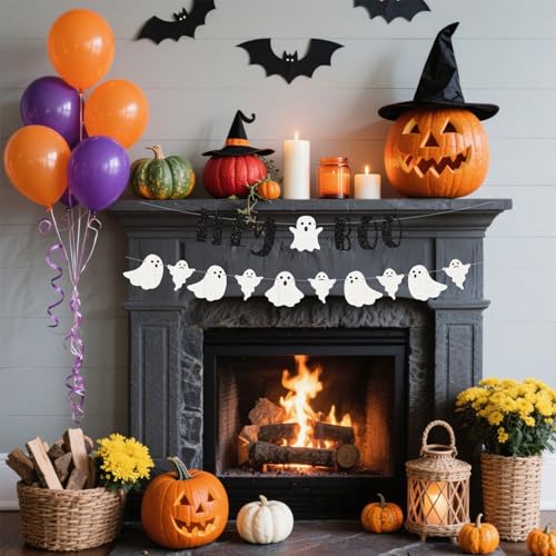 Black Halloween Banner Set - Glitter Ghost & 'Hey Boo' Garland for Spooky Decorations