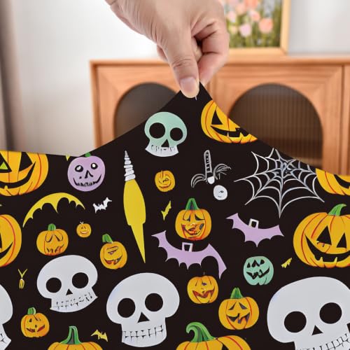 Halloween Pattern 6 Black Fitted Tablecloth for 38x38 Inch Square Folding Tables - Elastic, Washable, Stretch Spandex, Cartoon Skulls