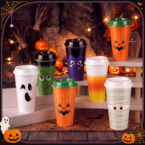Halloween Reusable Coffee Cups with Lid - 12 Pack, 16 oz, Ghost & Monster Design - Grimace Variation
