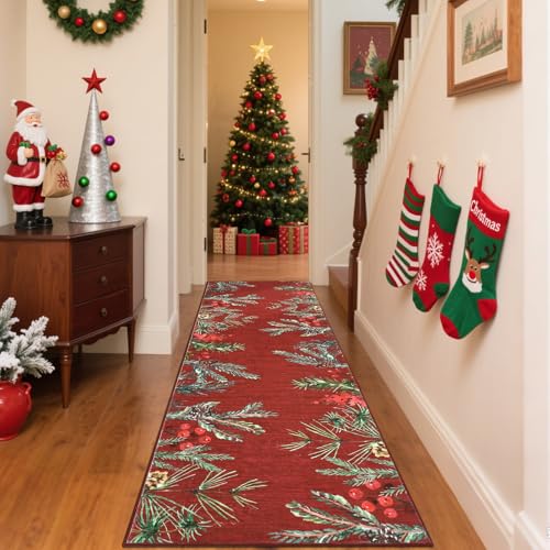 Christmas Entryway Rug 2x10 Botanical Leaf Runner Non-Slip Floor Mat - Pinecone-Red Variation