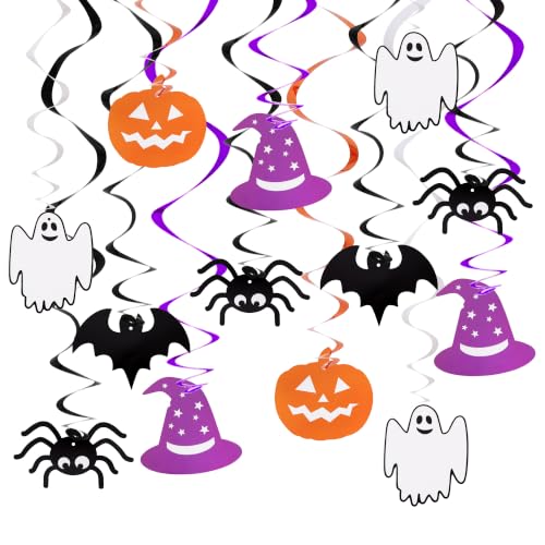 Halloween Hanging Swirls Decorations - 30PCS Ghost Spider Witch Pumpkin Bats in Black Orange Purple
