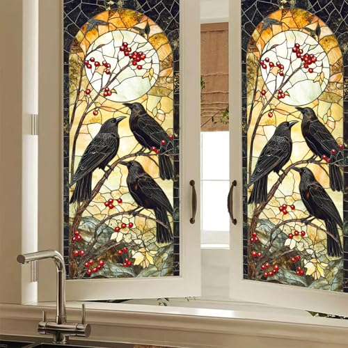 Autumn Window Cling with Black Crows and Red Berries - Halloween & Fall Decor 18x39 PVC