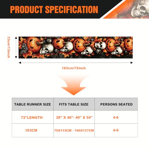 Halloween Gothic Skull & Pumpkin Table Runner 13x72 Inch - Fall Leaf & Horror Decor - Variation: Skull Pumpkin