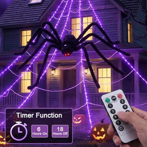 Halloween Spider Web Lights Outdoor with 250 Purple LEDs & Fuzzy Spider - 16.4ft Web Decor Set