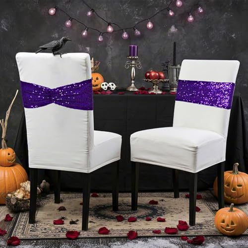 14x6 Purple Sequin Chair Sashes - Pack of 100 Folding Bow Covers for Weddings and Parties