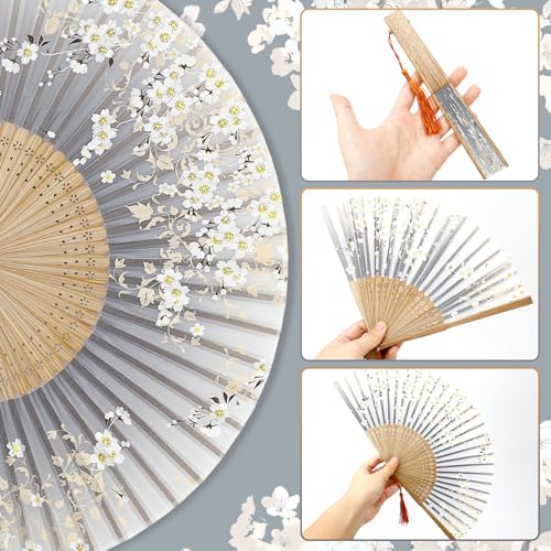 Gray Elegant Black Bamboo Folding Fan - 8.27in Vintage Silk Handheld Fan for Dance & Wedding