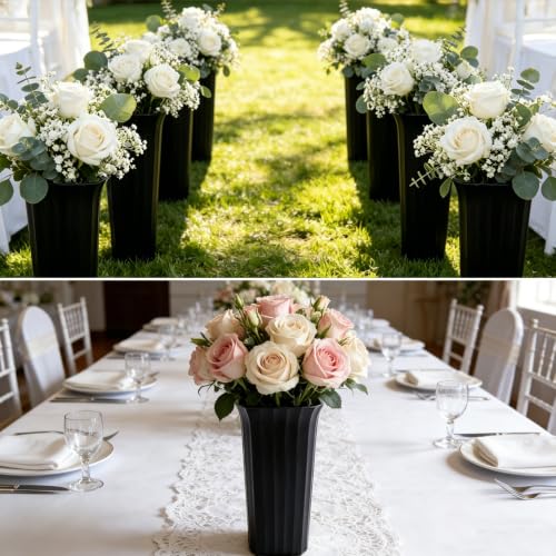 Black Plastic Flower Buckets 11.8 Inch Square Vases for Centerpieces - Set of 6