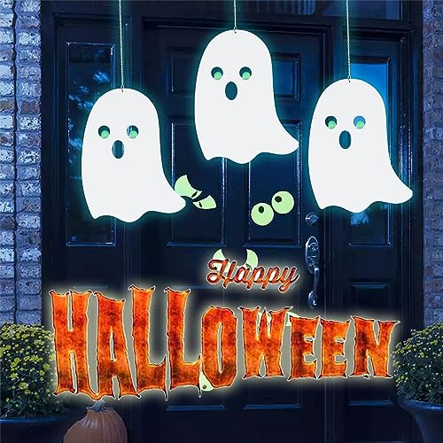 Halloween Metal Ghost Hanging Decorations Set of 3 with Glowing Eyes for Yard Porch Outdoor Indoor - Ghosts Variation
