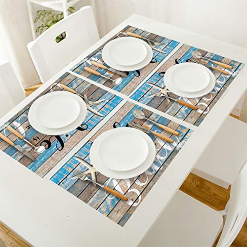 Non-Slip Placemats for Dining Table Set of 4 - Beach Starfish Rustic Wood Grain