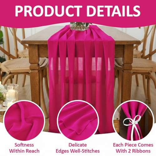 10ft Long Magenta Chiffon Table Runner Set of 12 with Satin Ribbon Ties for Weddings