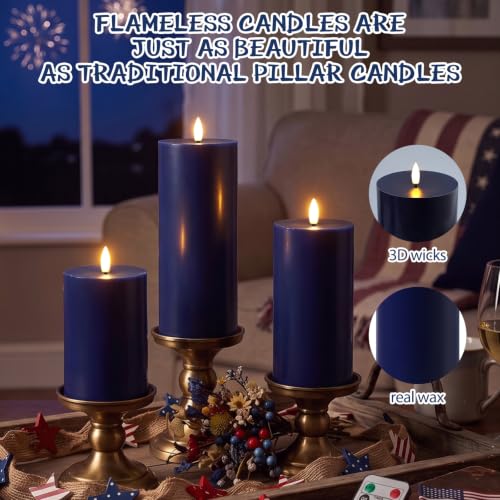 Navy Blue Flameless LED Candles Set - 3 Sizes with Remote & Timer