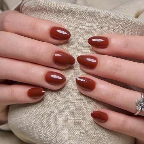 CurvLife Extra Short Almond Press-On Nails - Cocoa Glow Brown, Soft Gel, Reusable
