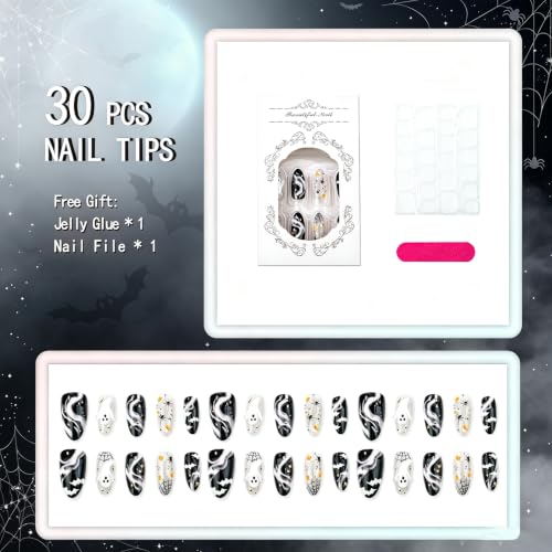 Halloween Press On Nails Medium Almond Spider Web Ghost Set - Multicolor 46