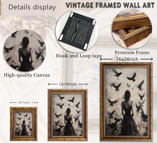 Halloween Witch Wall Art with Gold Frame - Crow Woman Gothic Decor, 16"L x 12"W - Witch Raven Variation