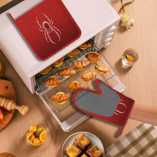 Halloween Spider Web Oven Mitts and Pot Holders Set - Silicone Heat Resistant Kitchen Gloves