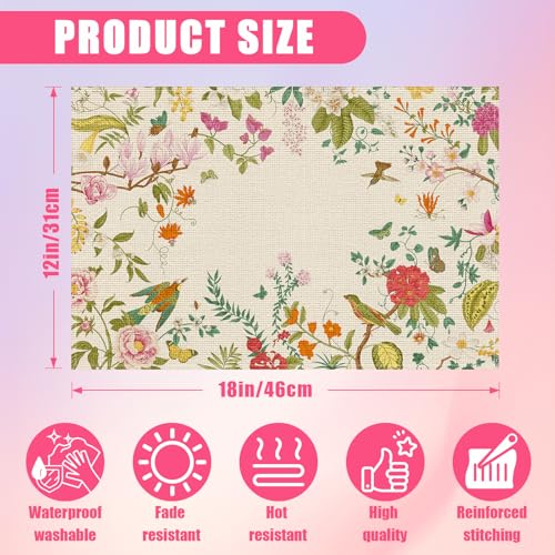 Vintage Floral Bird Placemat Set of 6 - Spring Summer Linen Table Mats, Washable & Stain-Resistant