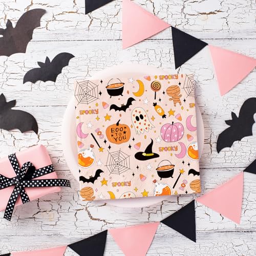 Halloween Ghost Pumpkin Spider Web Paper Napkins Set - Pink 100 Pack - Party Supplies