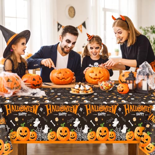 Halloween Plastic Tablecloths - Spooky Pumpkin Design, 3 Pack