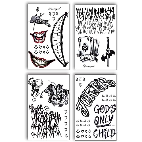 Halloween Joker Temporary Tattoos 4 Sheets Waterproof Face & Body Decals - Normal