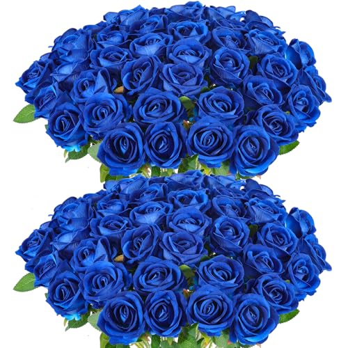 Artificial Blue Roses Bulk - 50 Realistic Silk Flowers for DIY & Decor - Blue / 50