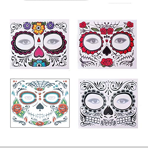 Day of the Dead Sugar Skull Face Temporary Tattoos - Halloween Makeup Stickers, 4 Sheets