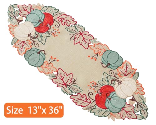 Fall Table Runner with Embroidered Velvet Pumpkins & Maple Leaves - 36 Inch Thanksgiving Decor - Pumpkins & Maple Leaf Variation