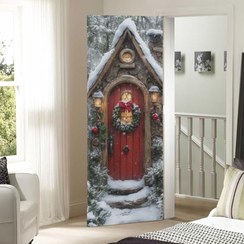 Christmas Fairy Door Cover - Stretch Fabric Porch Decoration 35x79 in - Holiday Door Cover