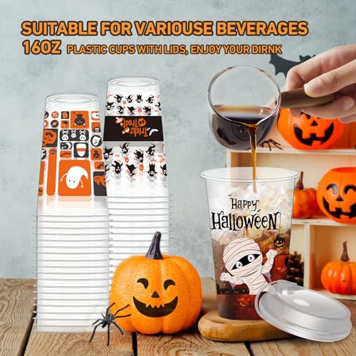 Halloween Plastic Cups 16oz with Lids - 48 Pack, Spooky Ghost, Pumpkin & Spider Designs
