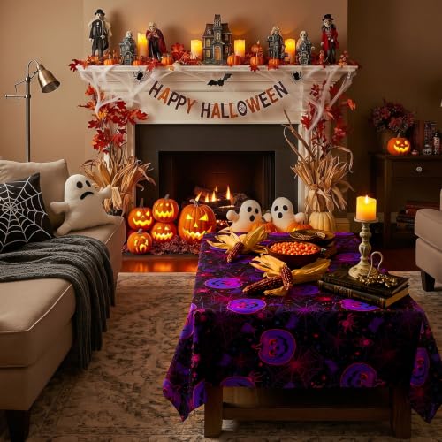 Glow in the Dark Halloween Plastic Tablecloth Set - 52x87 Inches, Iridescent Spiderweb & Pumpkin Design, Waterproof Party Decor for Indoor Outdoor Events