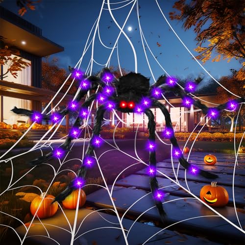 Giant Halloween Light Up Spider - Purple Glowing Hairy 6.6 FT Decoration with LED Eyes