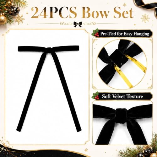 Black Velvet Ribbon Bows Decorations - Halloween Tree Ornaments, Set of 24