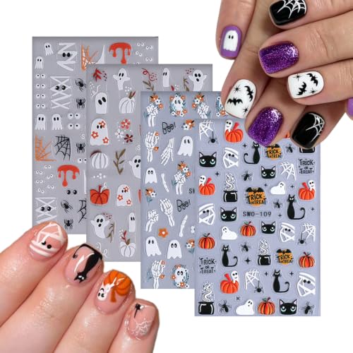 Halloween Nail Stickers - Ghost Pumpkin Spider Web & Cat Design, 4 Sheets, Variation: Halloween Stickers-1