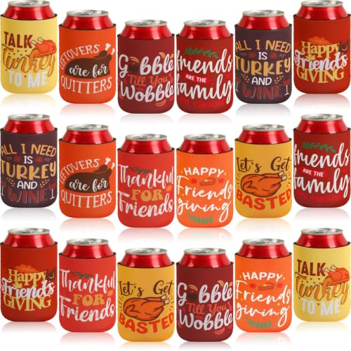 Friendsgiving Can Cooler Sleeves Set - 18 Pack with Fall Designs - Friendsgiving Color