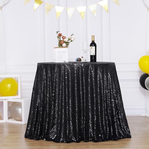 90-Inch Black Sequin Round Tablecloth for Halloween Party & Events - Poise3EHome