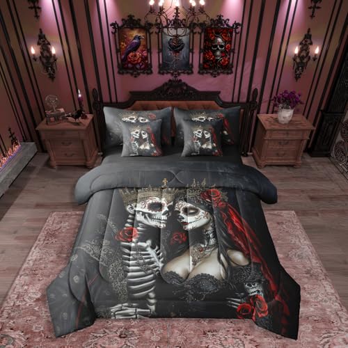 Black Red Queen Comforter Set with Sheets - Gothic Skeleton Bedding 7-Piece
