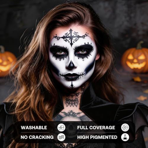 Face & Body Paint Set - 15 Black and White Water Activated Makeup for Halloween & Cosplay