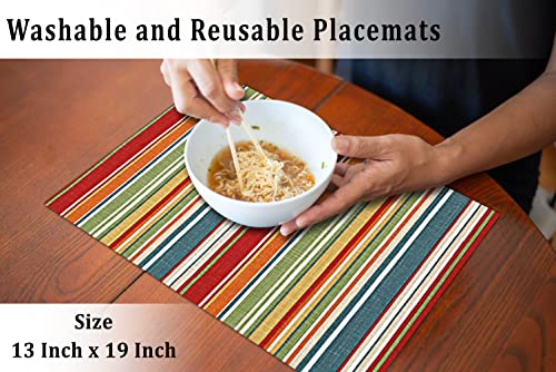 Cotton Placemats Set of 6 - 13x19 Inch Multi Stripe Reversible Table Mats