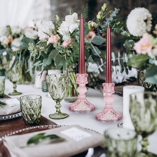 Pink Glass Candle Holder Set - 2PCS Decorative Pillar Candle Stands for Weddings & Events