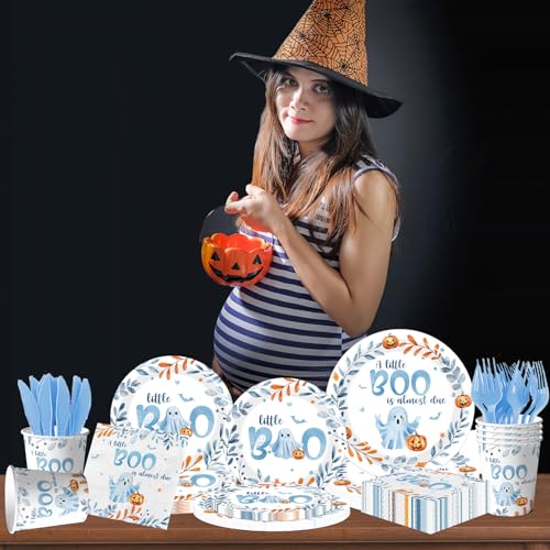 Blue Baby Shower Paper Plates Napkins Cups & Cutlery - Spooky Halloween Theme - Serve 24 - Variation: Blue