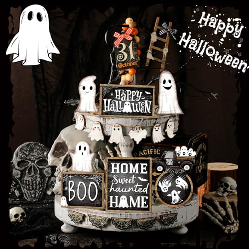 Halloween Wooden Tiered Tray Decorations Set Ghost Black & White - MiniInflat